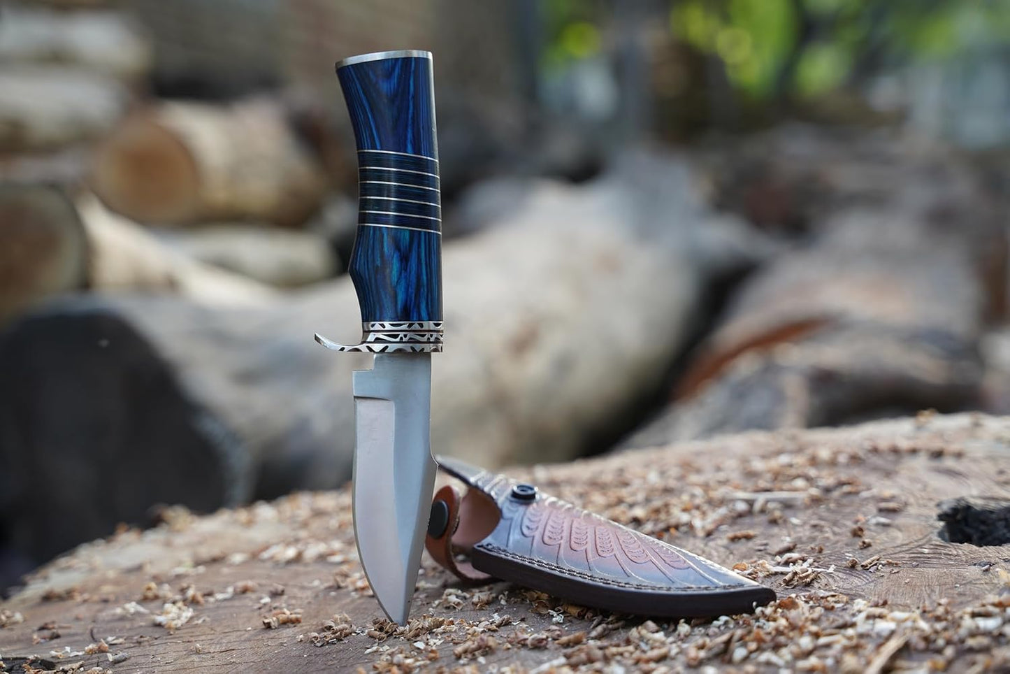 Hunting Knife For Men  Genuine Leather Sheath  Blue Micarta Handle Long Bowie Knives For Survival   3