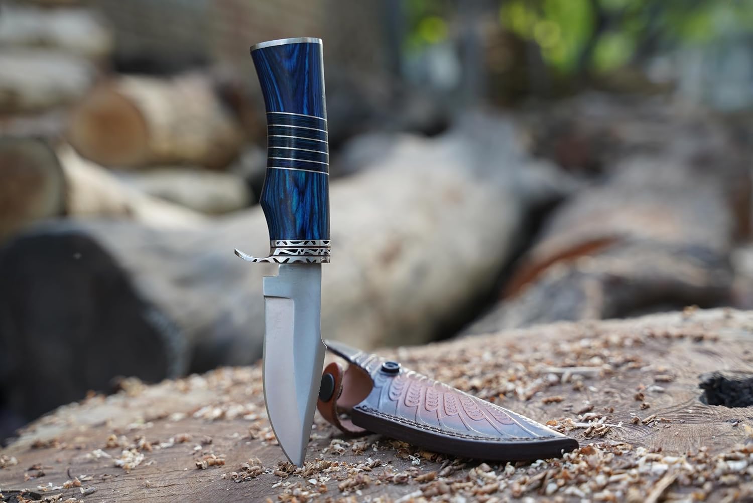 Hunting Knife For Men  Genuine Leather Sheath  Blue Micarta Handle Long Bowie Knives For Survival   3