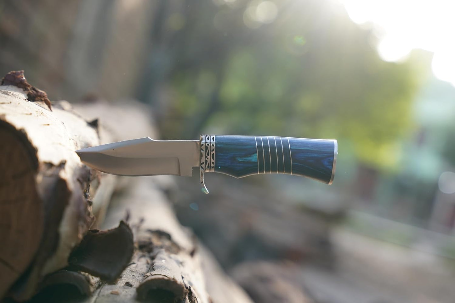 Hunting Knife For Men  Genuine Leather Sheath  Blue Micarta Handle Long Bowie Knives For Survival   4