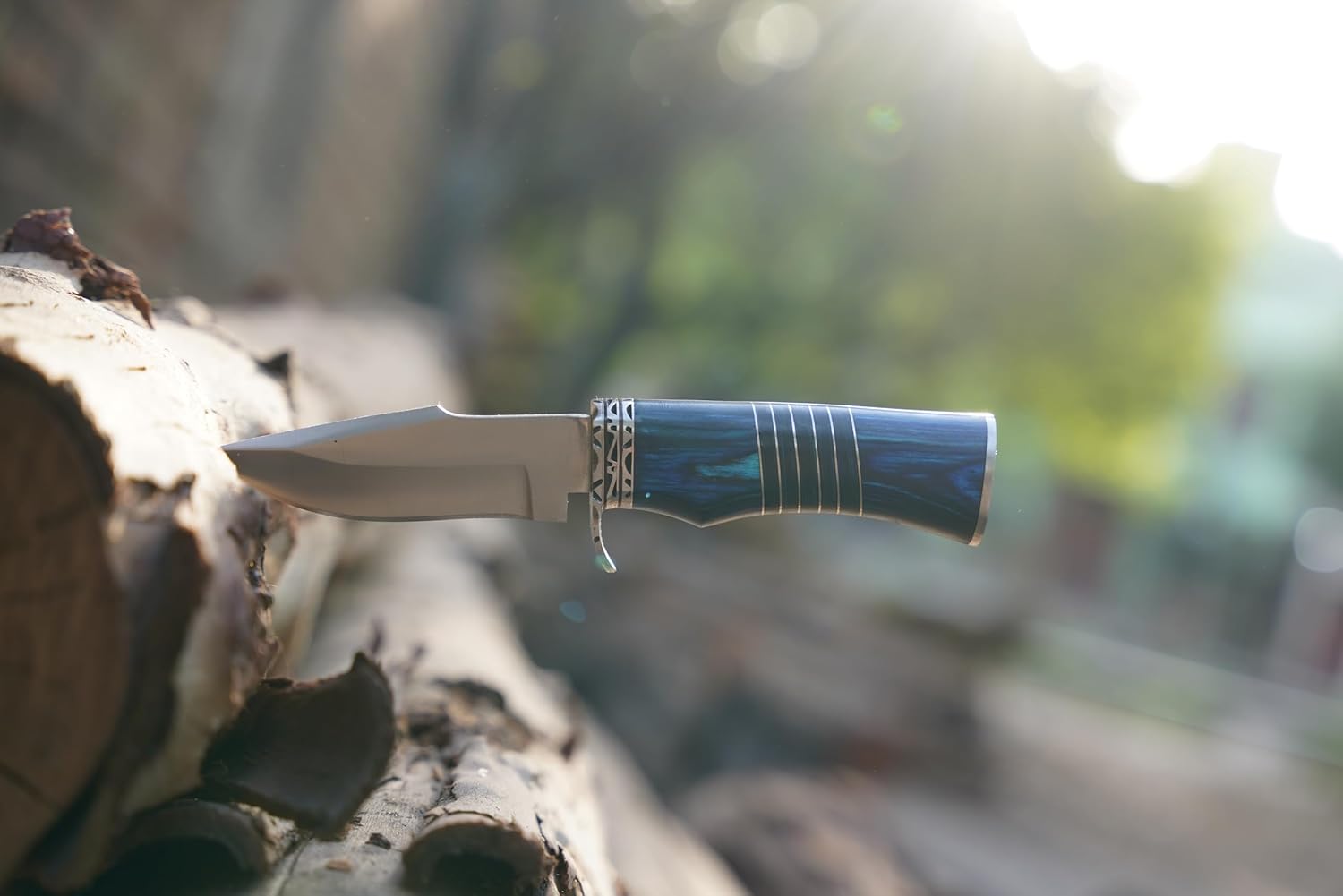 Hunting Knife For Men  Genuine Leather Sheath  Blue Micarta Handle Long Bowie Knives For Survival   4