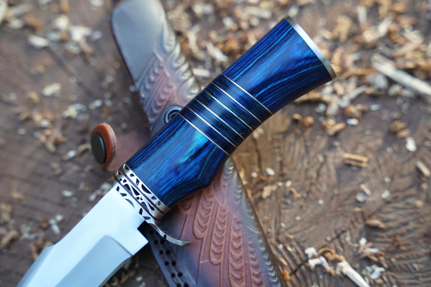 Hunting Knife For Men  Genuine Leather Sheath  Blue Micarta Handle Long Bowie Knives For Survival   5