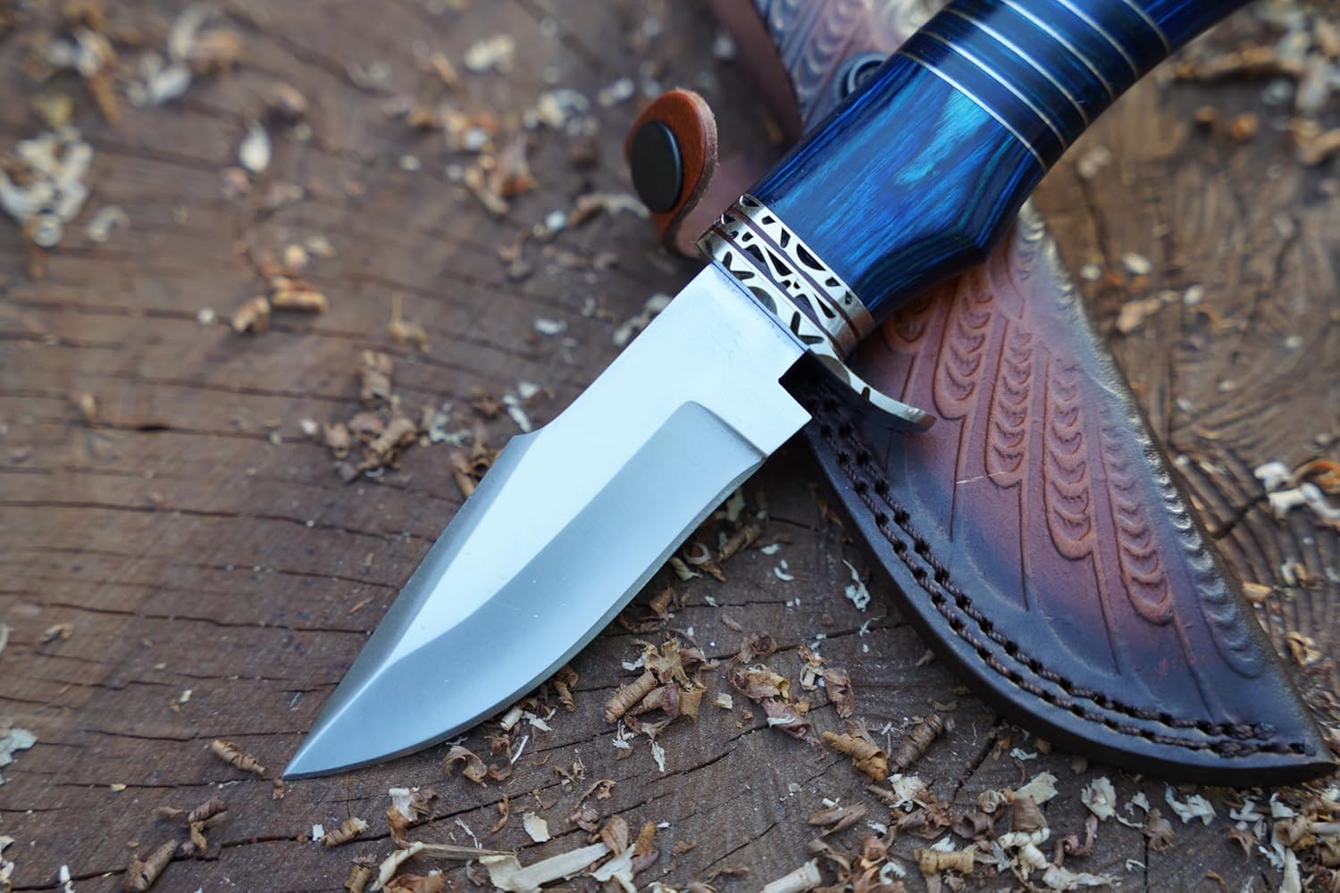 Hunting Knife For Men  Genuine Leather Sheath  Blue Micarta Handle Long Bowie Knives For Survival   6