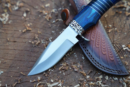 Hunting Knife For Men  Genuine Leather Sheath  Blue Micarta Handle Long Bowie Knives For Survival   6