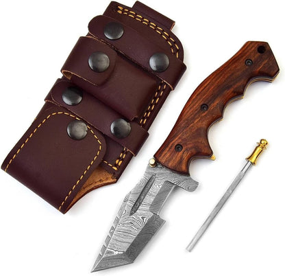 Damascus Handmade Tracker Folding Pocket Hunting Knife for Camping, Rose Wood Customized Bushcraft Knife