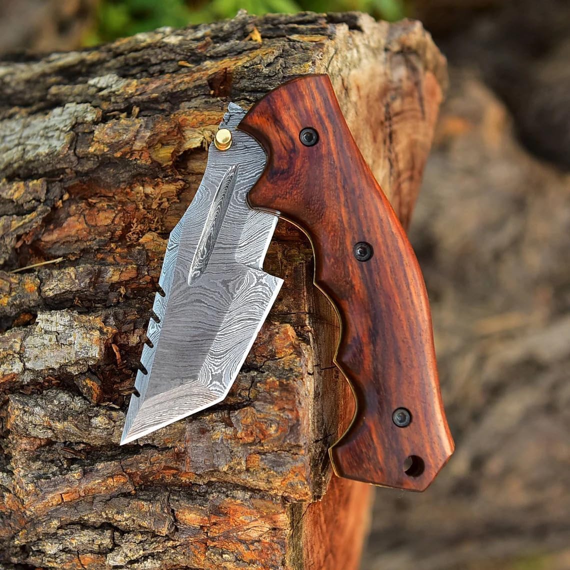 Damascus Handmade Tracker Folding Pocket Hunting Knife For Camping Rose Wood Customized Bushcraft K 1