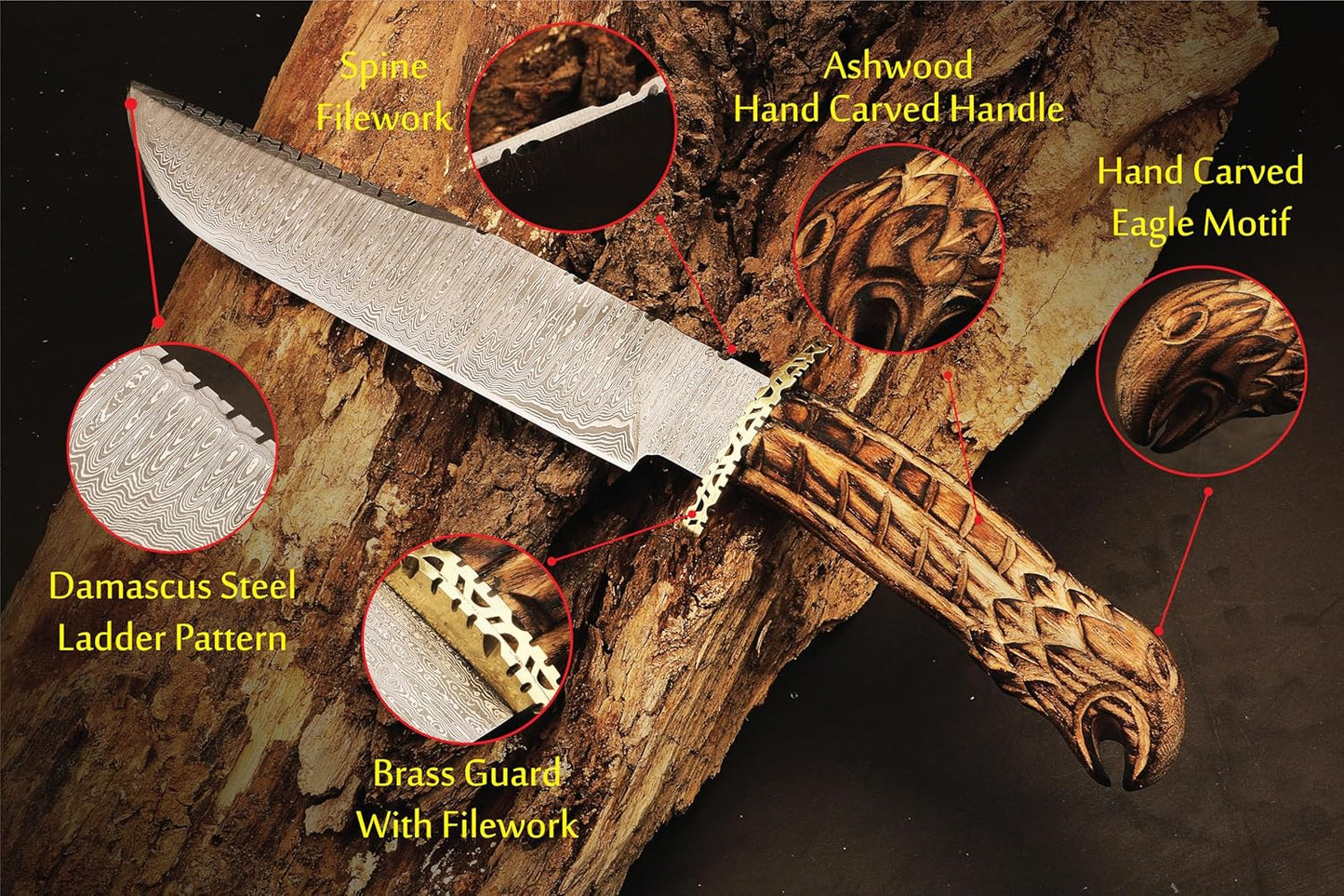 16Inch Premium Handcrafted Damascus Steel Hunting Knife Edge EDC Camping Knife Ideal ASHA WOOD HAND 1