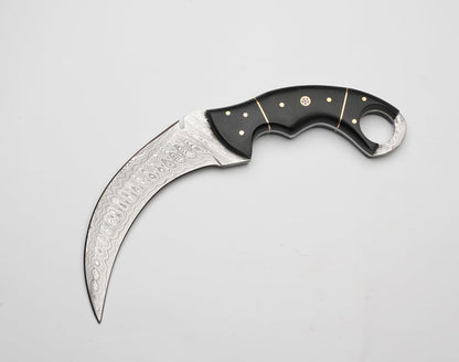 10 Damascus Karambit Knife With Leather Sheath  Handmade Survival Claw Tactical Teeth Knife 1