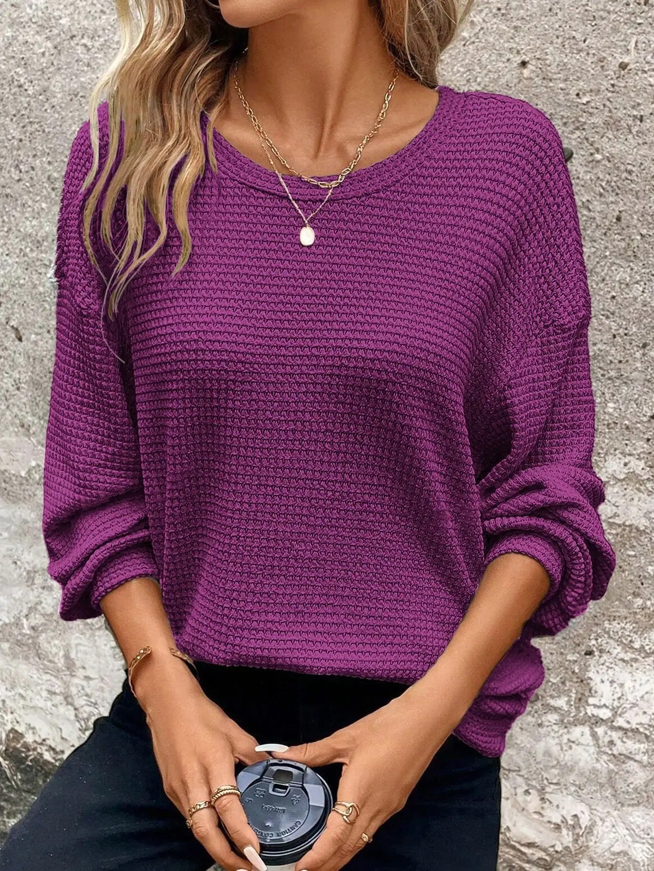 Womens Plus Size AutumnWinter Round Neck Long Sleeve Pullover  Cozy Solid Color Top 6