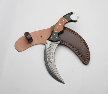 10" Damascus Karambit Knife with Leather Sheath | Handmade Survival Claw Tactical Teeth Knife - Double edged