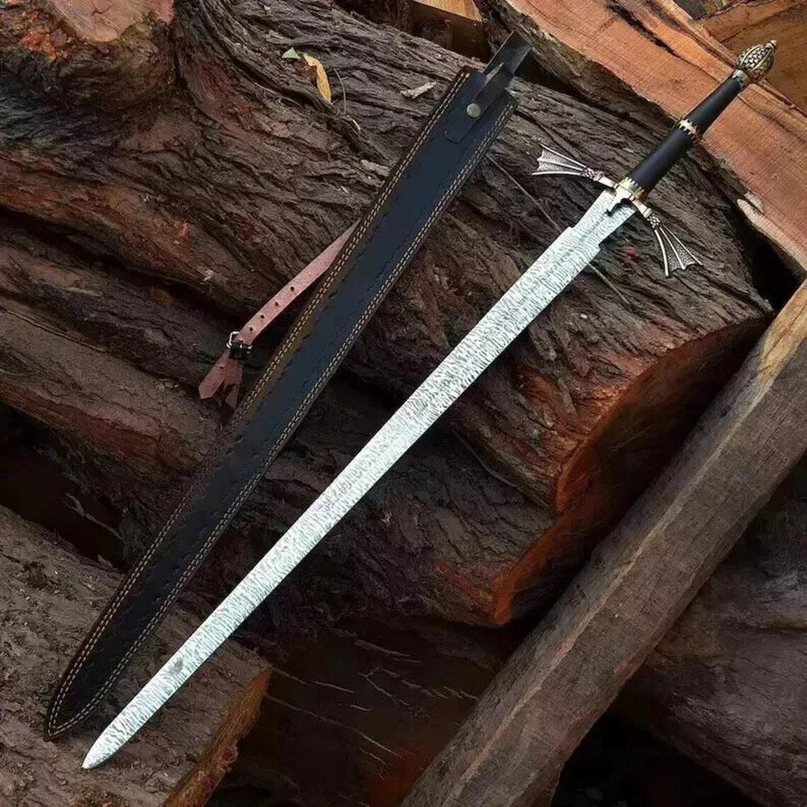 Damascus Steel Swiss Dagger Viking Gladius Double Edge Sword 38 Inches Handmade Damascus Steel Sword With Sheath