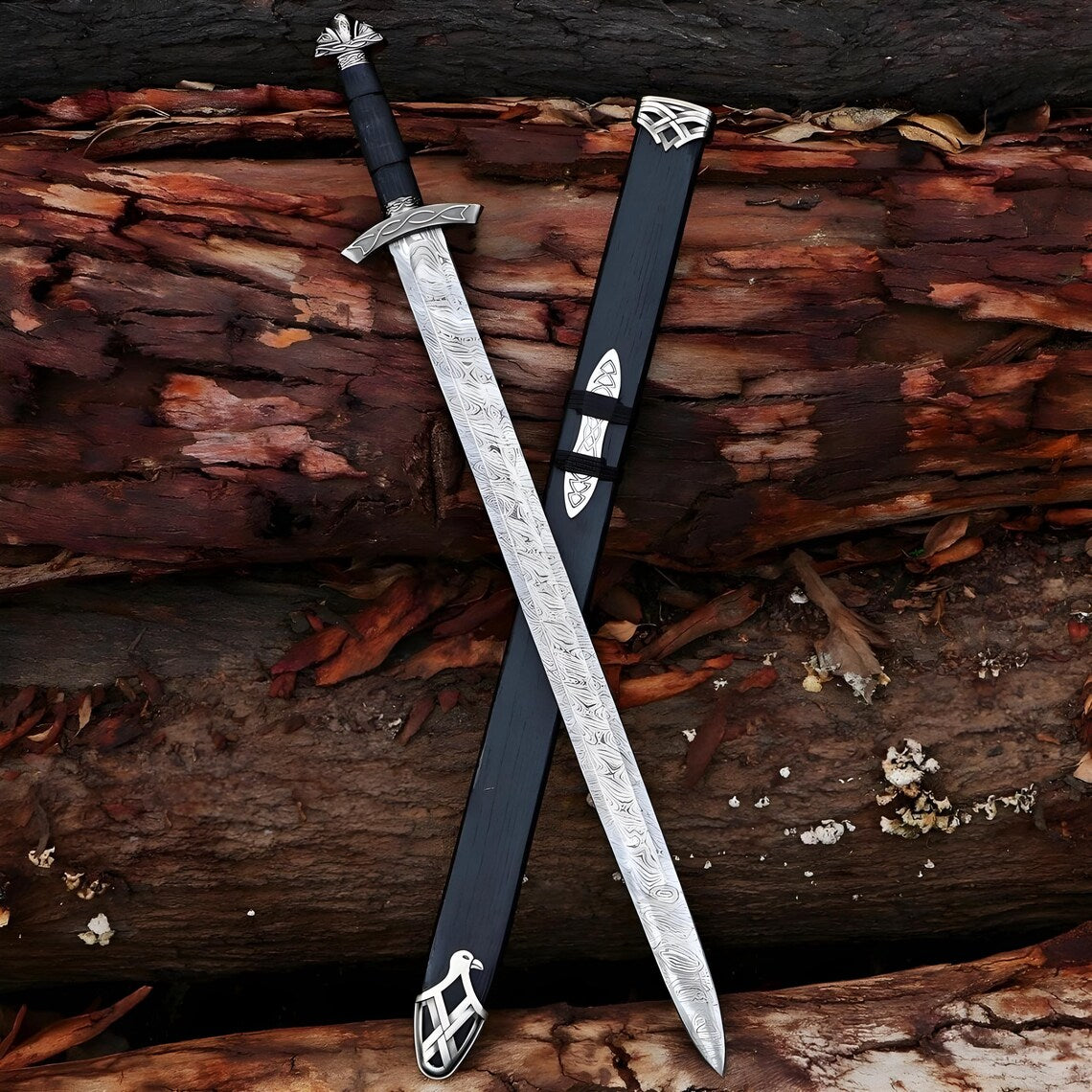 38 Inches Damascus Steel Sword Viking Double Edge Sword With Sheath, Handmade Barbarian sword Unique Norse sword,