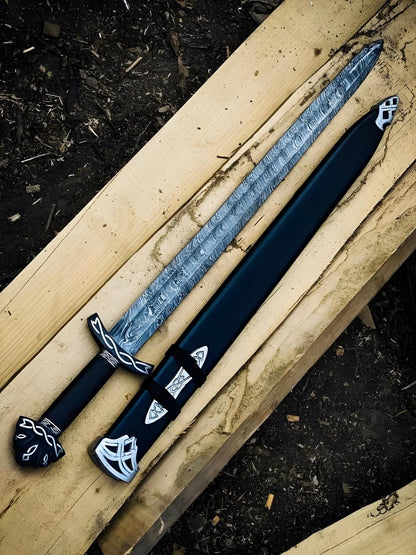 ALFARI 38 Inches Damascus Steel Sword Viking Double Edge Sword With Sheath Handmade Barbarian Sword 3