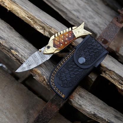 Handmade Damascus steel Personalized Pocket Knife Groomsman Gift Folding Knife Fish Camping Gift for Boyfriend