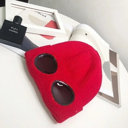 Unisex Neutral Color Knitted Winter Beanie with Goggles