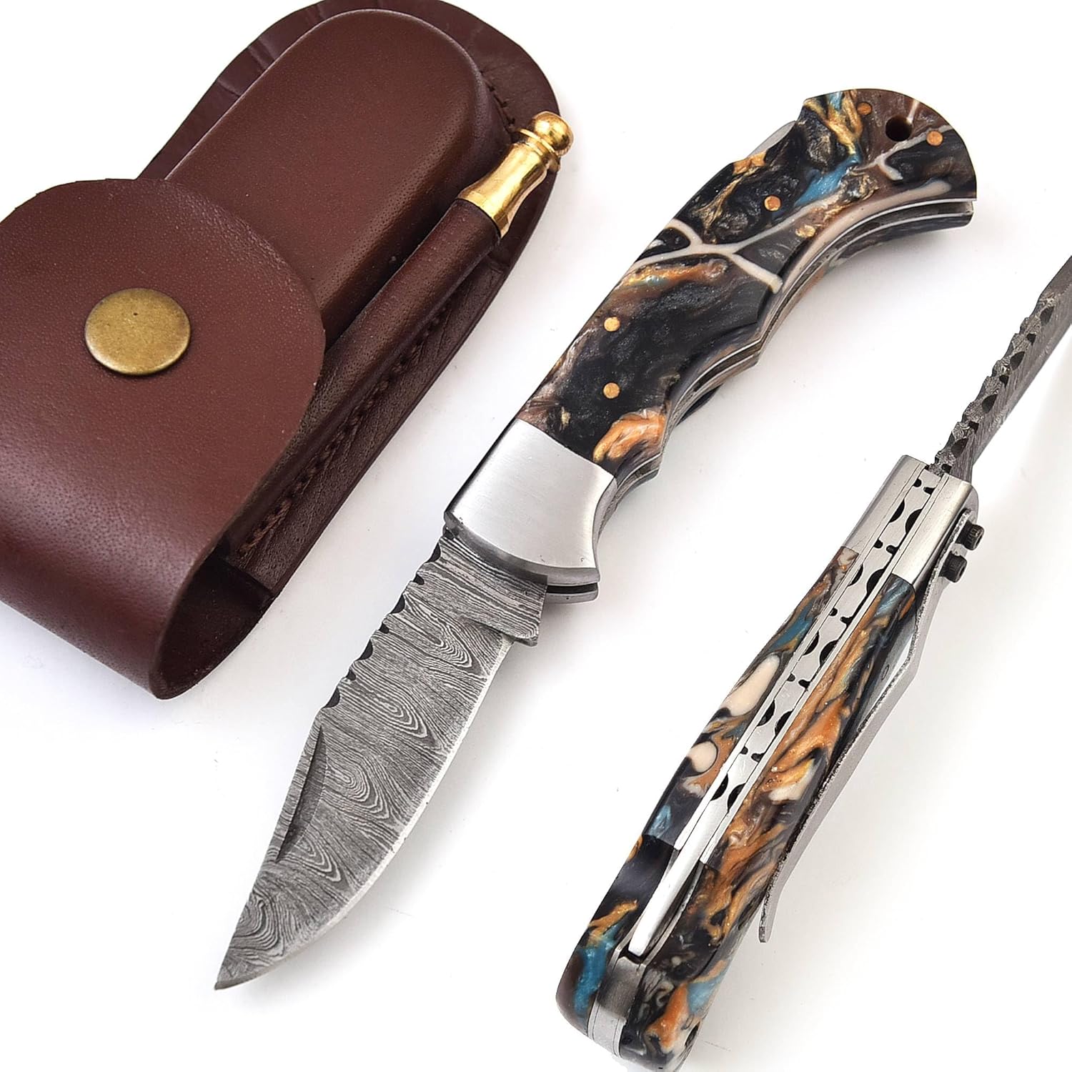 Damascus Folding Pocket Knife for Men deal for Camping, Outdoor, Hiking with Sheath Ideal for EDC Brown Resin