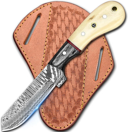 Handmade Damascus Bull Cutter Knife - EDC Fixed Blade Hunting Knife for Skinning, Camping, Bushcrafting and Outdoor