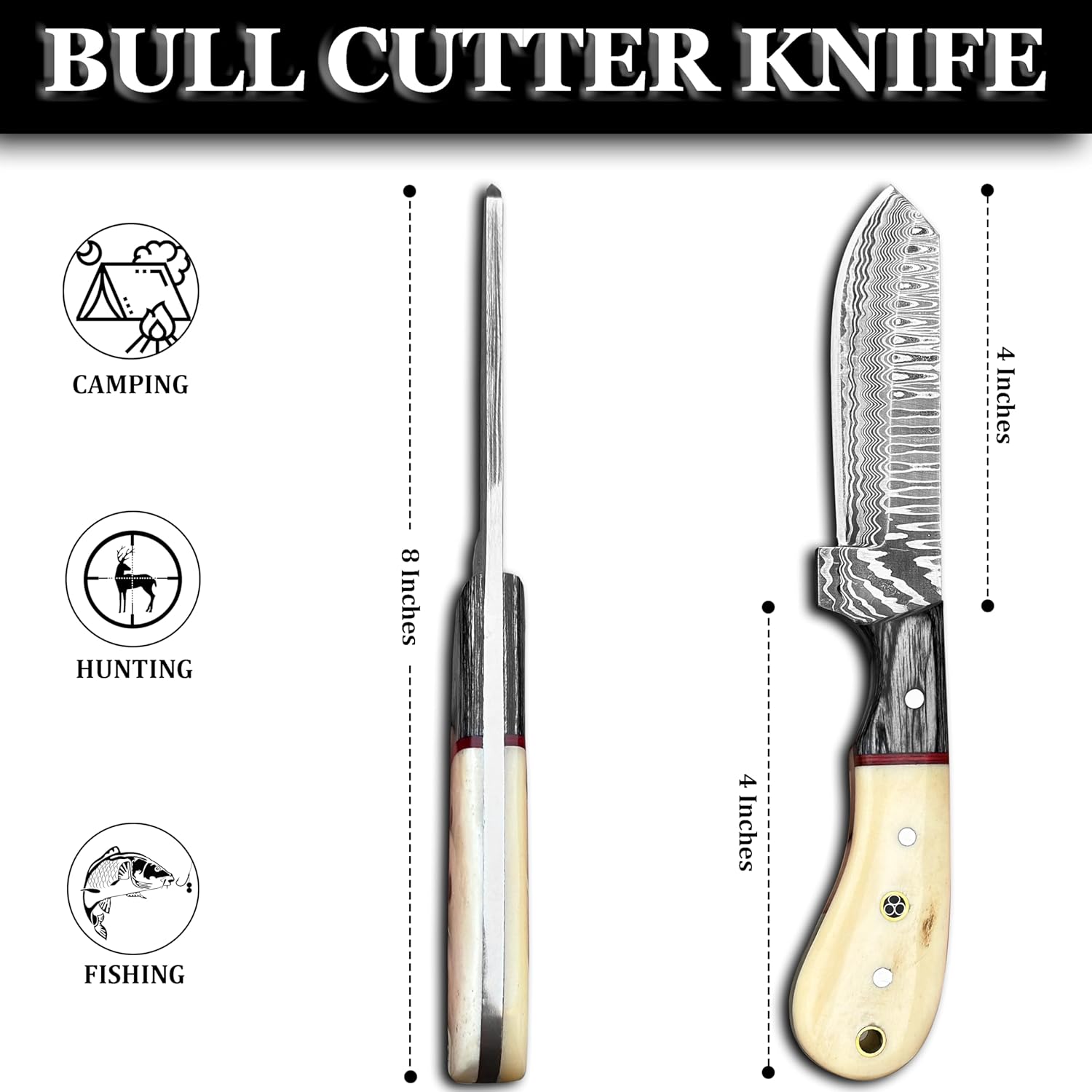 Handmade Damascus Bull Cutter Knife  EDC Fixed Blade Hunting Knife For Skinning Camping Bushcraftin 1