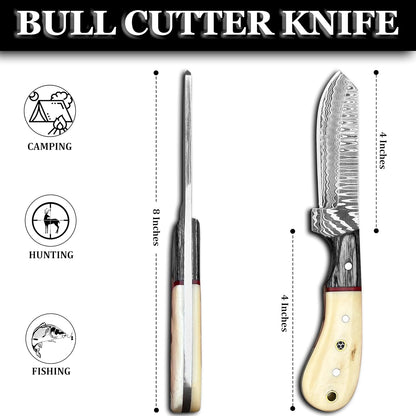 Handmade Damascus Bull Cutter Knife  EDC Fixed Blade Hunting Knife For Skinning Camping Bushcraftin 1