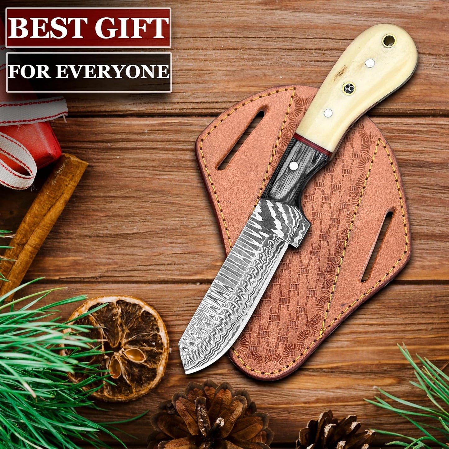 Handmade Damascus Bull Cutter Knife  EDC Fixed Blade Hunting Knife For Skinning Camping Bushcraftin 3