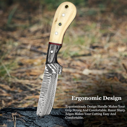 Handmade Damascus Bull Cutter Knife  EDC Fixed Blade Hunting Knife For Skinning Camping Bushcraftin 4