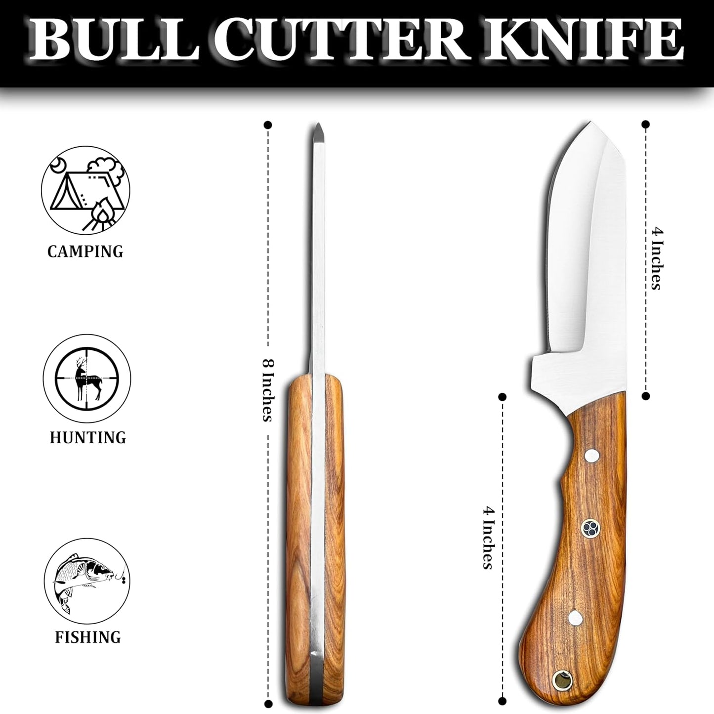 Handmade Damascus Bull Cutter Knife EDC Fixed Blade Hunting Knife For Skinning Camping Bushcrafting