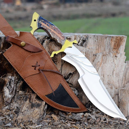 D2 Bowie Knife Large Crocodile Dundee Bowie Knife with Leather Sheath Fixed Blade Knife with Sheath, Resin Handle