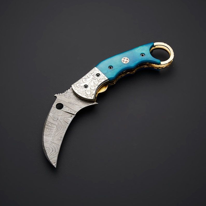 THE KARAMBIT Folding Knife  Custom Handmade  Everyday Carry  Pocket Knife  Utility Knife  Blue Dyed 1