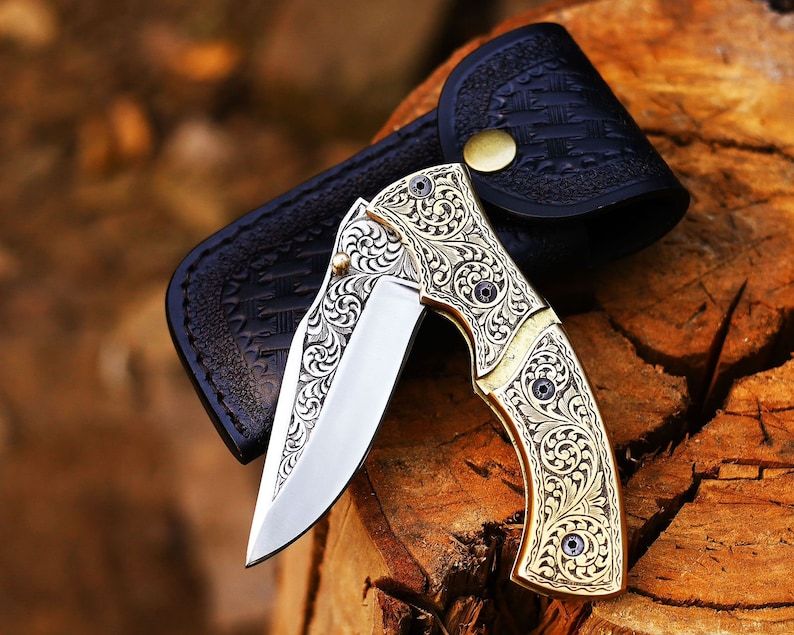 Handmade Hand Engraved Brass Handle Folding Knife Pocket Knife Easy Lock Knife Gift For Him Gift Fo 1
