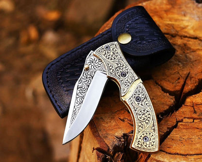 Handmade Hand Engraved Brass Handle Folding Knife Pocket Knife Easy Lock Knife Gift For Him Gift Fo 1