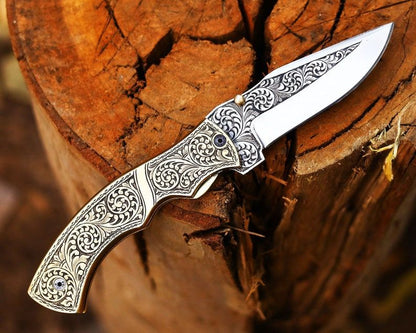 Handmade Hand Engraved Brass Handle Folding Knife Pocket Knife Easy Lock Knife Gift For Him Gift Fo 3