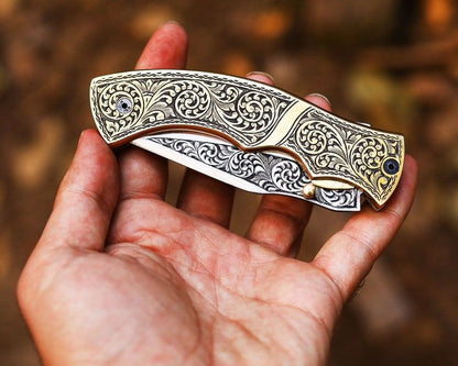 Handmade Hand Engraved Brass Handle Folding Knife Pocket Knife Easy Lock Knife Gift For Him Gift Fo 6