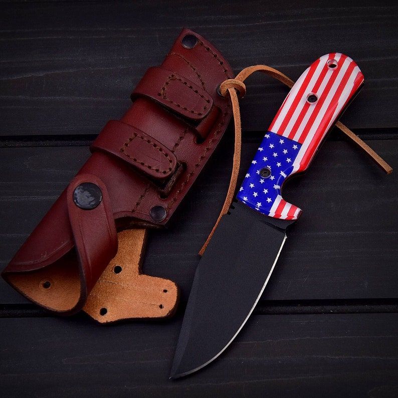 THE AMERICANO | Custom Hand Made - Skinner Camping Knife - D2 Tool STeel - Black Powder Coated - USA Flag Handle Scales
