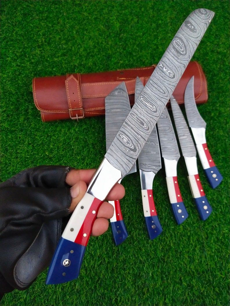 Custom Handmade Damascus Kitchen Knife Set With Texas Flag Handle Gift Knife Sets Anniversary Gifts 1