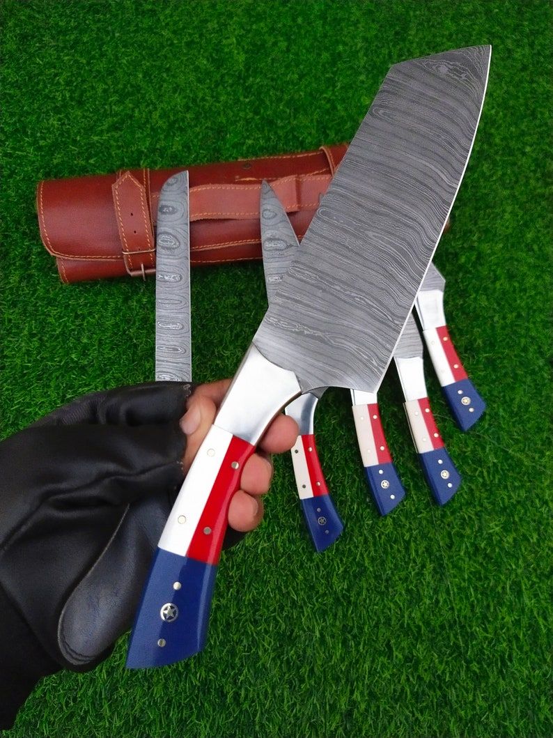 Custom Handmade Damascus Kitchen Knife Set With Texas Flag Handle Gift Knife Sets Anniversary Gifts 2