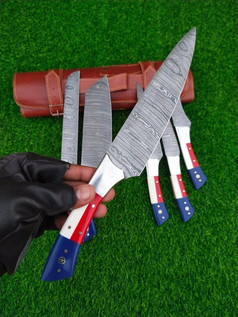Custom Handmade Damascus Kitchen Knife Set With Texas Flag Handle Gift Knife Sets Anniversary Gifts 3