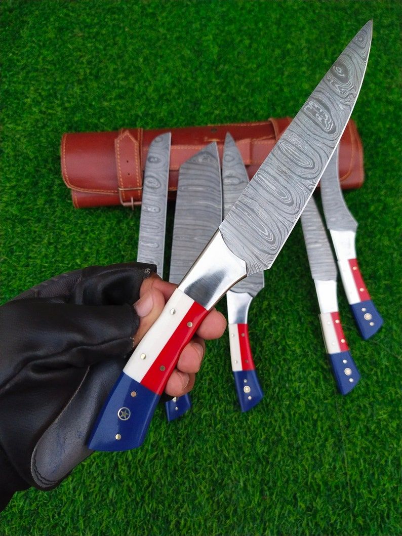 Custom Handmade Damascus Kitchen Knife Set With Texas Flag Handle Gift Knife Sets Anniversary Gifts 4