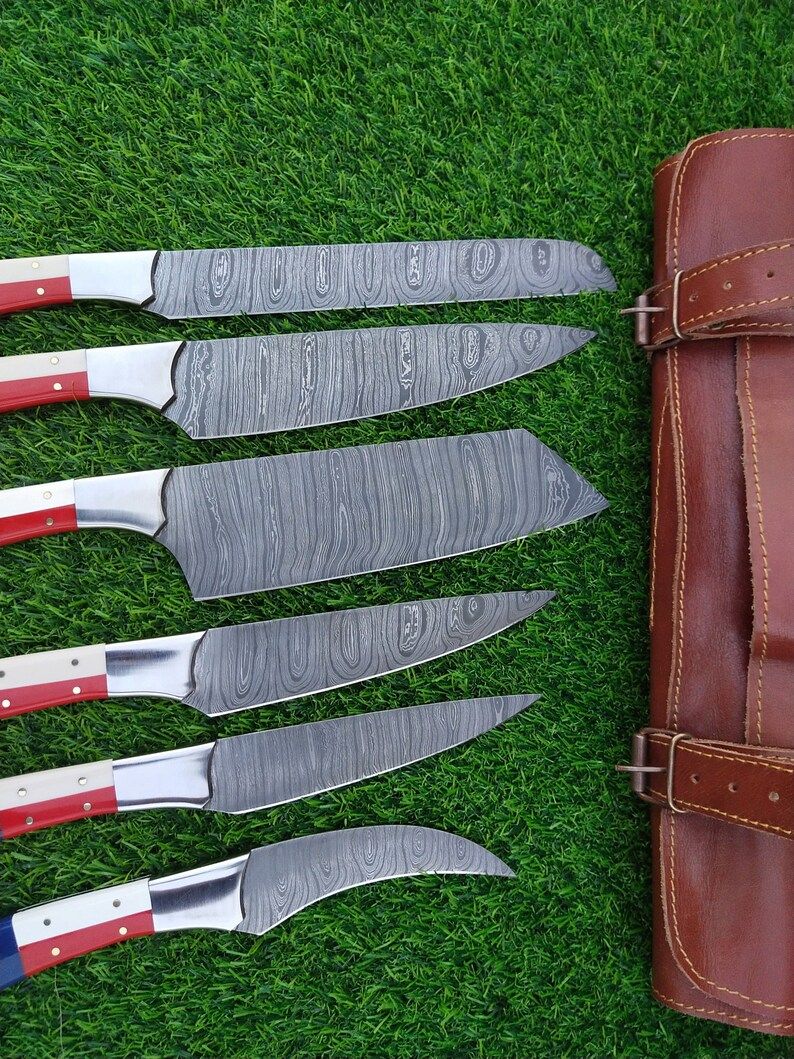 Custom Handmade Damascus Kitchen Knife Set With Texas Flag Handle Gift Knife Sets Anniversary Gifts 5