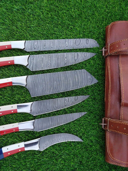 Custom Handmade Damascus Kitchen Knife Set With Texas Flag Handle Gift Knife Sets Anniversary Gifts 5