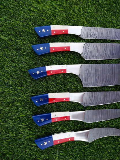 Custom Handmade Damascus Kitchen Knife Set With Texas Flag Handle Gift Knife Sets Anniversary Gifts 6