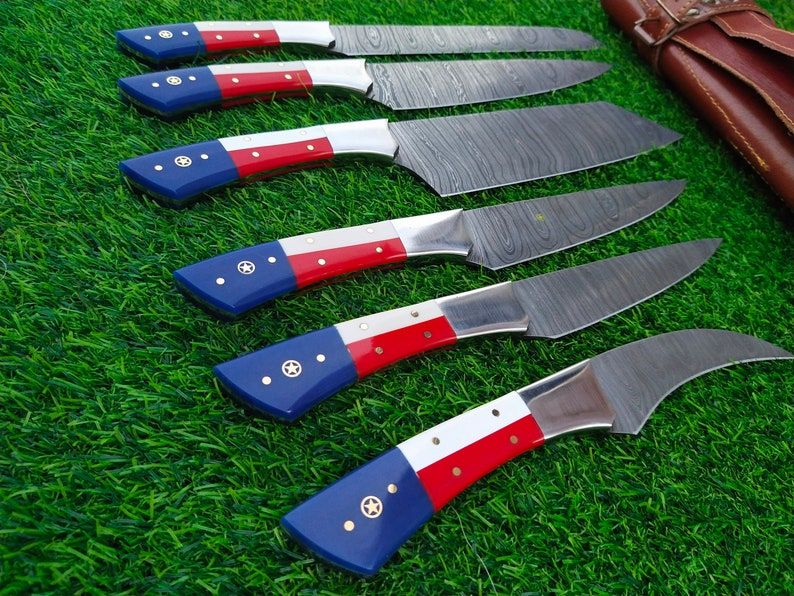 Custom Handmade Damascus Kitchen Knife Set With Texas Flag Handle Gift Knife Sets Anniversary Gifts 7