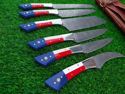 Custom Handmade Damascus Kitchen Knife Set With Texas Flag Handle Gift Knife Sets Anniversary Gifts 7