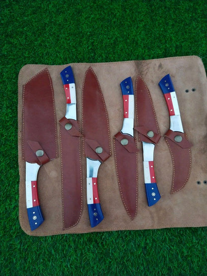 Custom Handmade Damascus Kitchen Knife Set With Texas Flag Handle Gift Knife Sets Anniversary Gifts 8