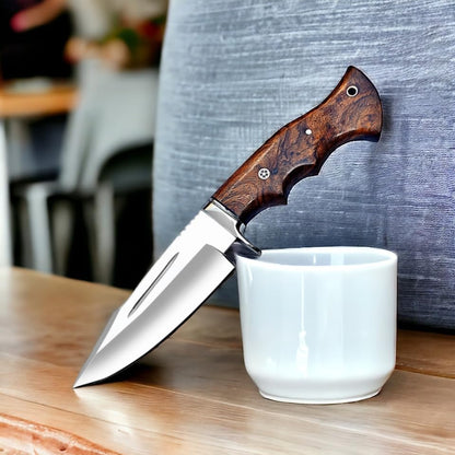Handmade Hunting Knife - 10" Bushcraft Fixed Blade EDC Knife with D2 Steel Blade, Walnut Wood Handle, Leather Sheath