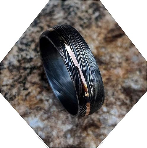 Damascus Steel Ring Custom and Handmade Damascus Ring with Brass Inlay Anniversary Ring Fathers Day Ring Wedding Band