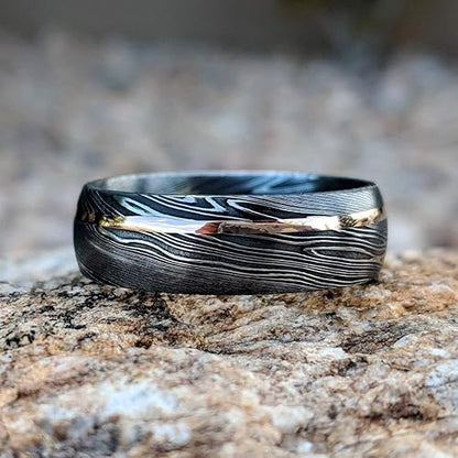 Damascus Steel Ring Custom And Handmade Damascus Ring With Brass Inlay Anniversary Ring Fathers Day 1