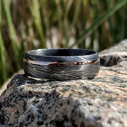 Damascus Steel Ring Custom And Handmade Damascus Ring With Brass Inlay Anniversary Ring Fathers Day 3