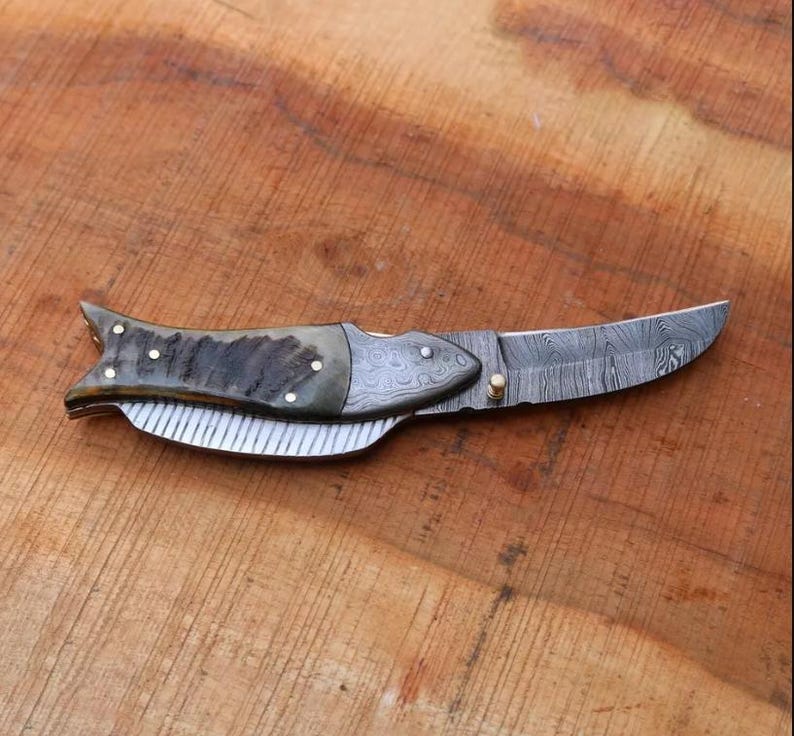 Custom Handmade Damascus Folding Fish Style Pocket Knife Every Day Carry Knife  Best Gifts Camping  1