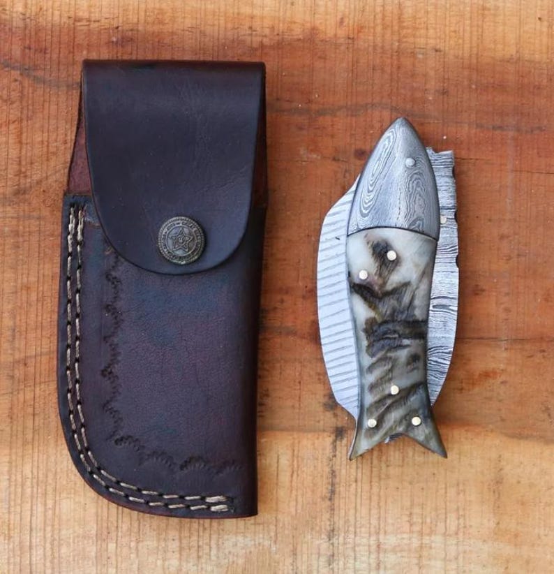 Custom Handmade Damascus Folding Fish Style Pocket Knife Every Day Carry Knife  Best Gifts Camping  2