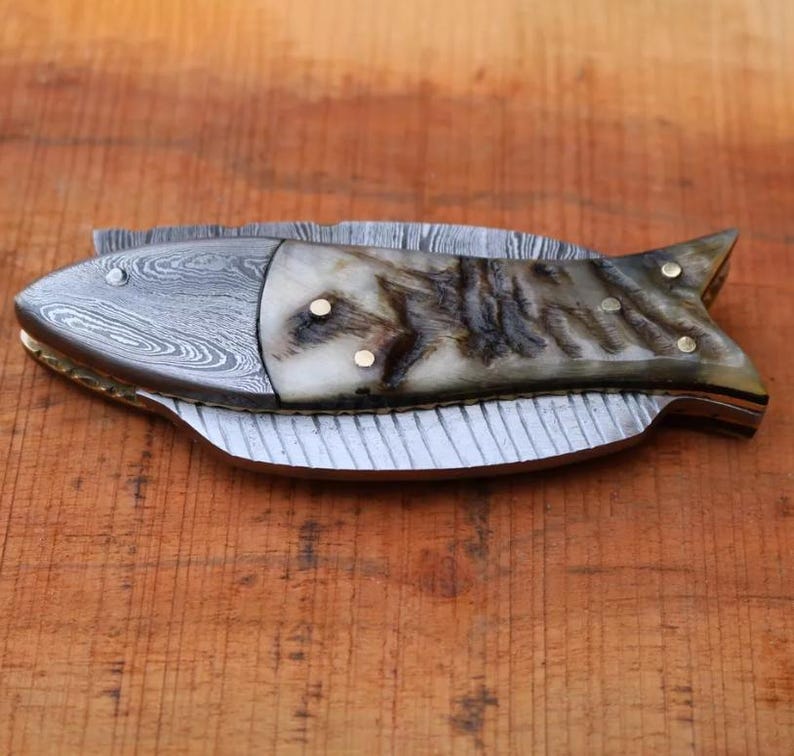 Custom Handmade Damascus Folding Fish Style Pocket Knife Every Day Carry Knife  Best Gifts Camping  3