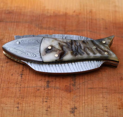 Custom Handmade Damascus Folding Fish Style Pocket Knife Every Day Carry Knife  Best Gifts Camping  3